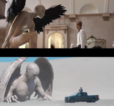 Jin approaches the black-winged devil statue in Blood Sweat & Tears and BTS Yet To Come