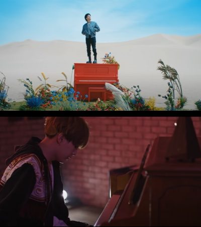 Suga standing on a red piano in Yet To Come, the same one that he was seen playing during First Love