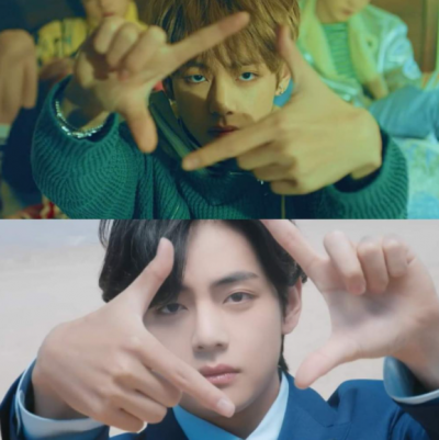 V used hands to make a camera icon in Spring Day, he looks a lot more mature in BTS Yet to Come.